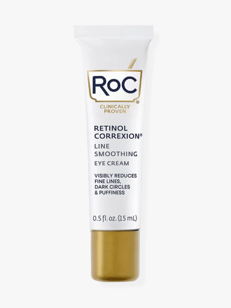 RoC Retinol Correxion Line Smoothing Eye Cream in tube with gold cap on light gray background