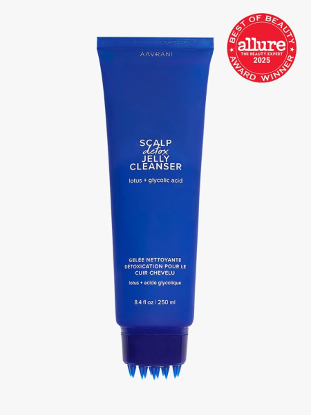 AAVRANI Scalp Detox Jelly Cleanser in branded blue tube with applicator closure on light gray background with red Allure Best of Beauty seal in the top right corner