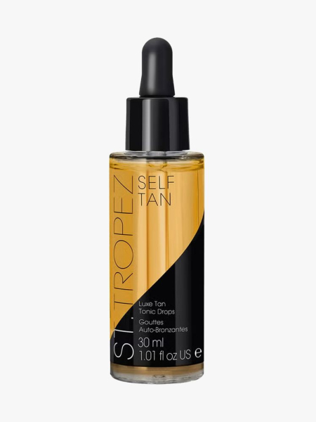 St. Tropez Luxe Self Tan Tonic Glow Drops in branded dropper component on a light gray background