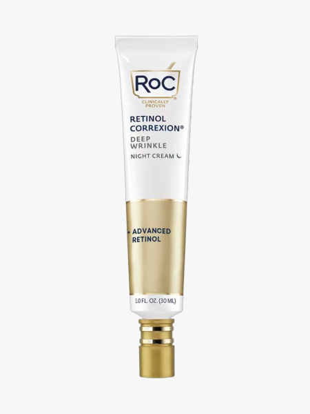 RoC Retinol Correxion Night Cream for Deep Wrinkles in branded tube component on a light gray background